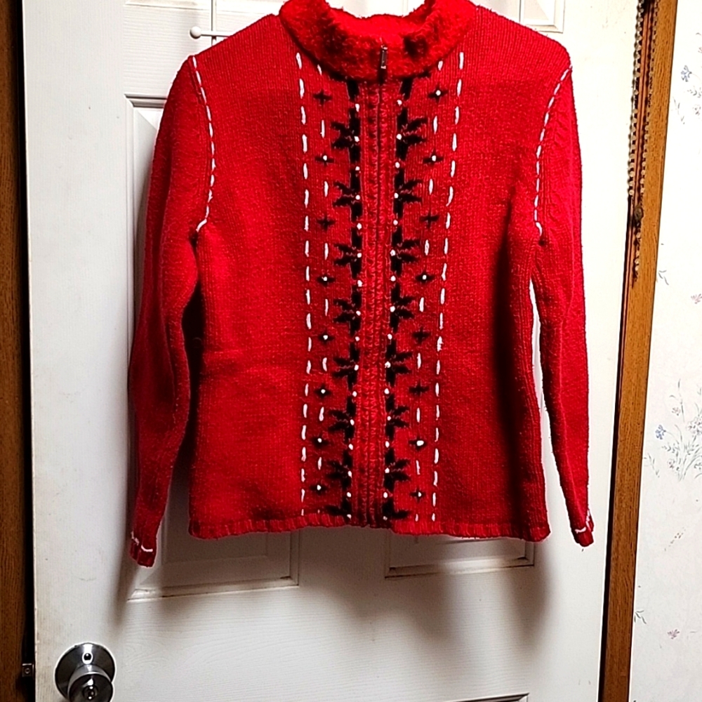 Christopher & Banks Red Knit Cardigan with Black hand Embroidery
